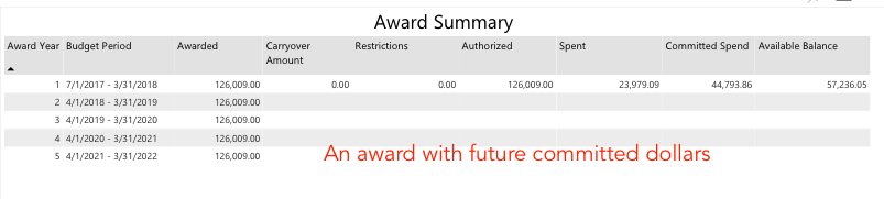 Award Detail Summary table with out years