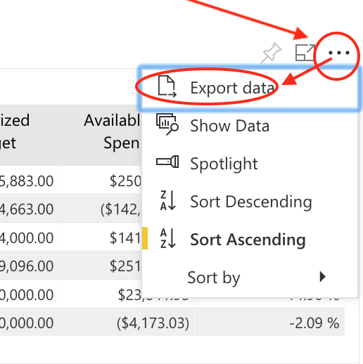 Export Data Menu