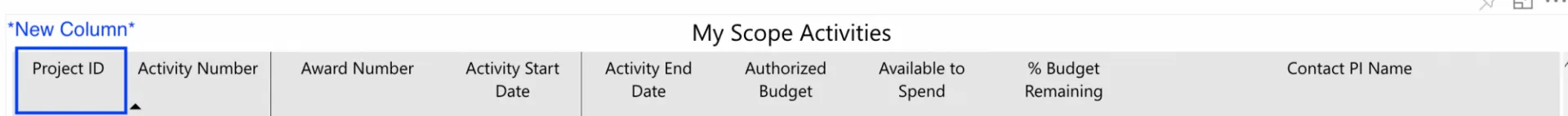 My Scope Activites New Project ID Column