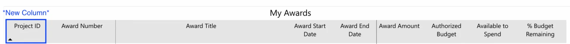 My Awards New Project ID Column